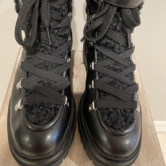 Black Combat Boots Women’s Size 7 Faux Leather Shearling NWOT Biker Moto Goth - Picture 2 of 13